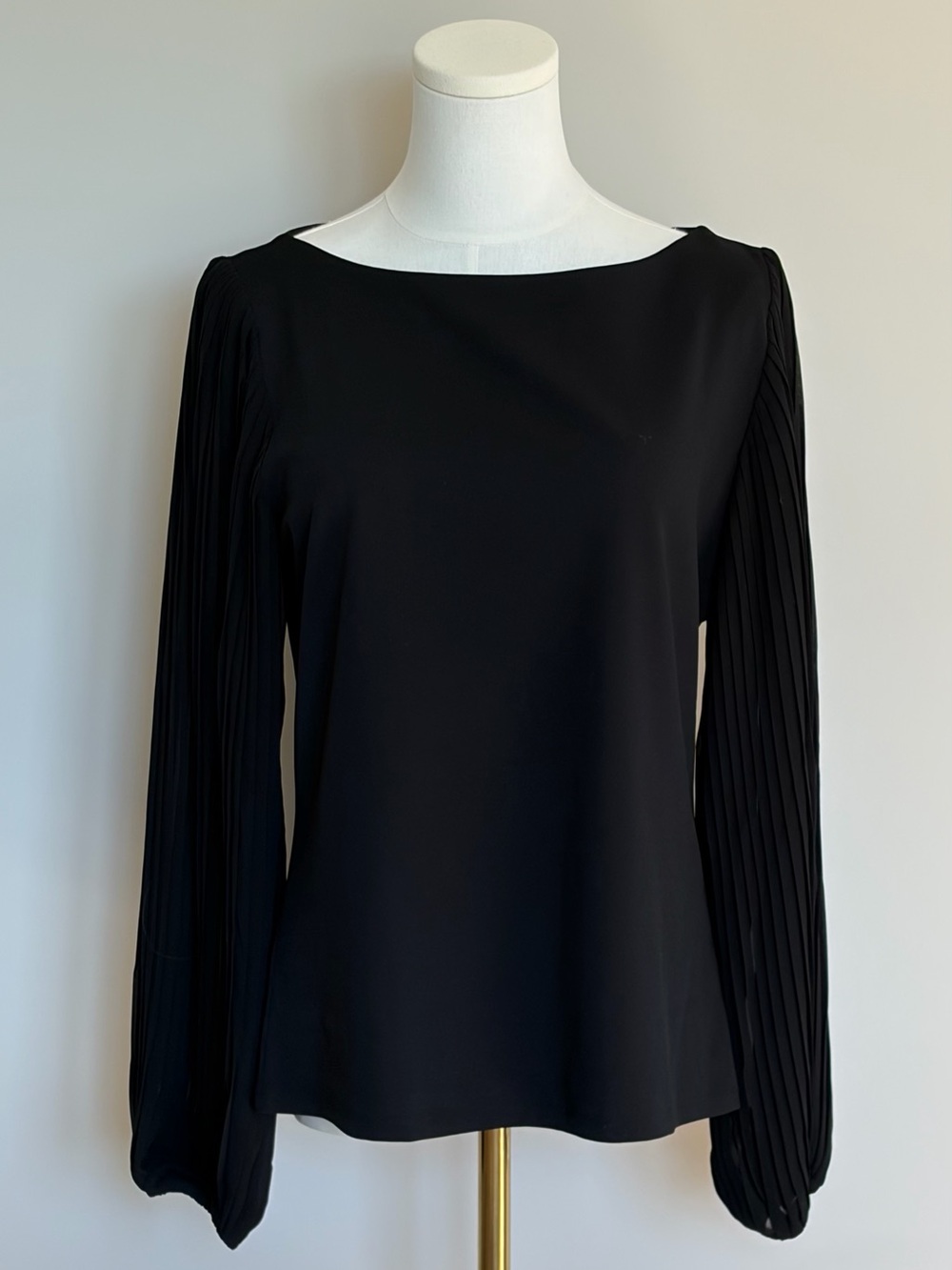 Ann Taylor Black Boatneck Blouse with Pleated Long Sleeves